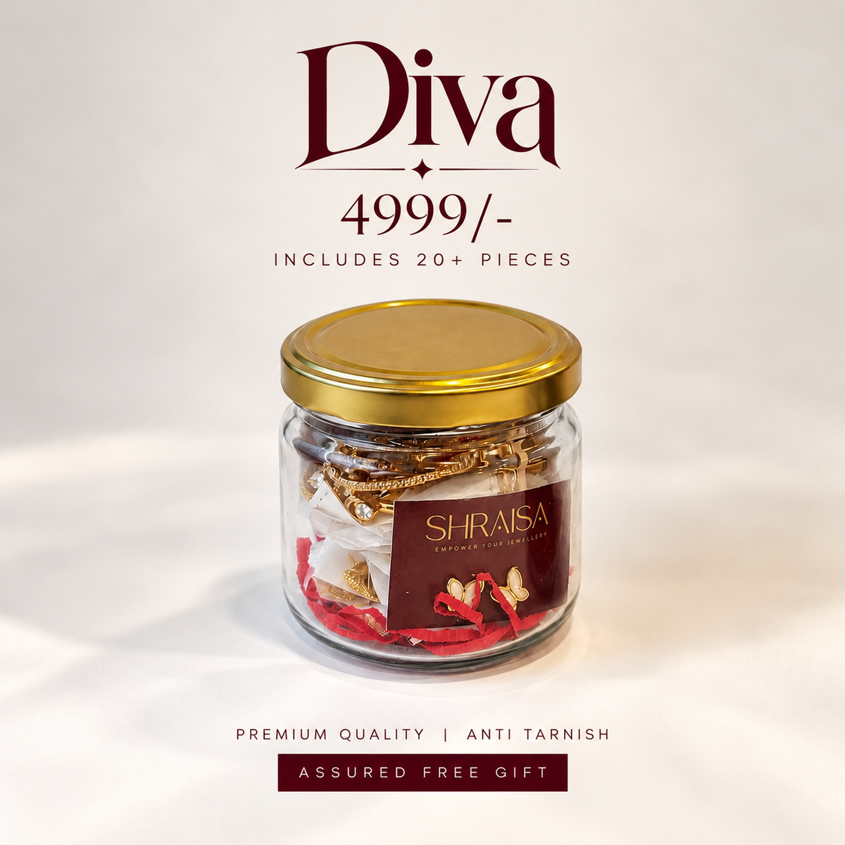 A clear glass jar with a gold lid containing jewelry and accessories, labeled 'SHRAISA', on a white background with promotional text reading 'Diva 4,999/-' and 'Includes 20+ pieces'.