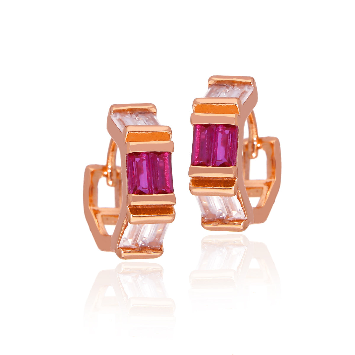Rose Gold Plated Ruby Tone Geometric Hoop Earrings