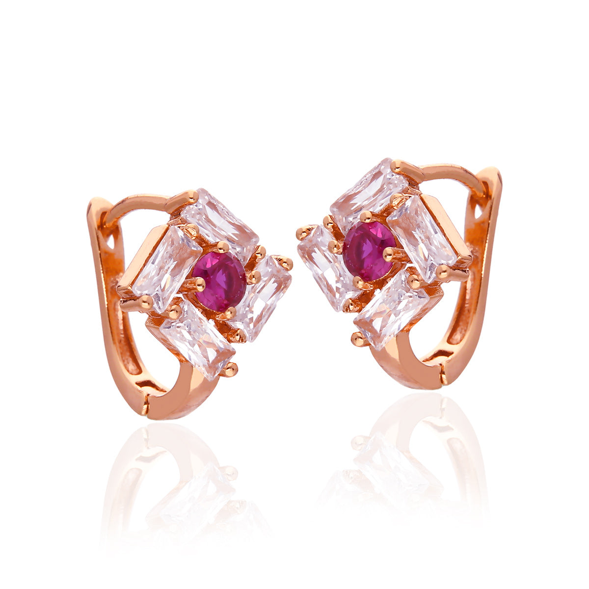 Rose Gold Plated Geometric Pink Stone Hoop Earrings